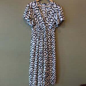 Cassee's Linen Dress Med Flutter Short Sleeve V Neck Midi Pull On Lightweight